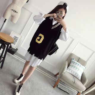 Letter Applique Long Knit Vest