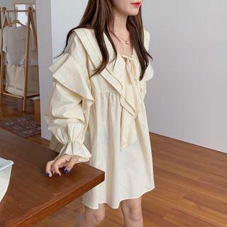 Long-sleeve Ruffled Wide-collar A-line Mini Dress