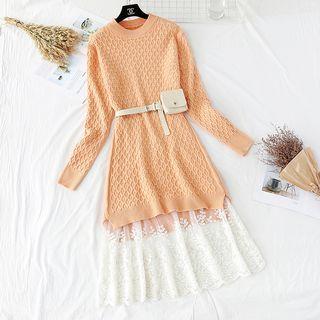 Set: Round Neck Long Sweater + Panel Midi Skirt