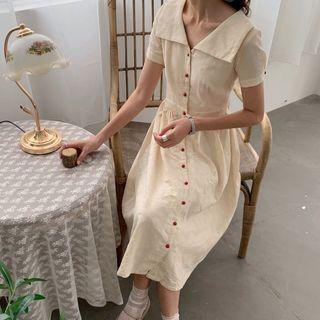 Plain Single-breasted V-neck A-line Dress