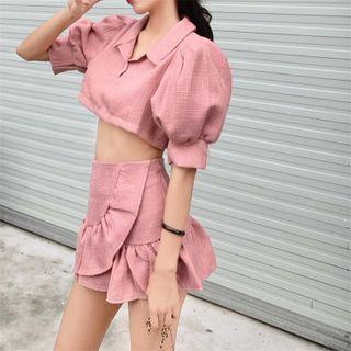 Puff-sleeve Cropped Top / High-waist A-line Mini Skirt