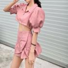 Puff-sleeve Cropped Top / High-waist A-line Mini Skirt