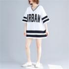 3/4-sleeve Striped Trim Letter Oversize T-shirt White - One Size