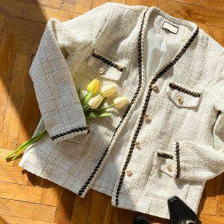 V-neck Piped Tweed Jacket