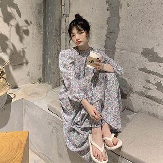 Plain Overall Dress / Long-sleeve Flower Print Midi Dress