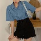 Elbow-sleeve Denim Shirt Blue - One Size