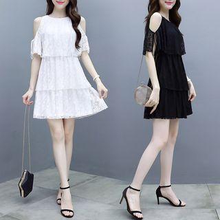 Elbow-sleeve Cold Shoulder Lace A-line Mini Dress