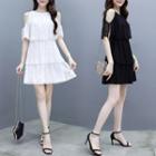 Elbow-sleeve Cold Shoulder Lace A-line Mini Dress