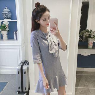 Striped Tie-neck Elbow-sleeve A-line Dress