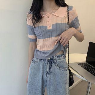 Polo Collar Stripe Knit Cropped T-shirt