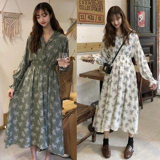 V-neck Printed Long-sleeve Midi A-line Dress