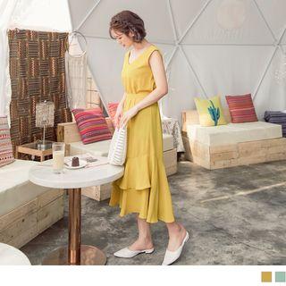Tie-waist Ruffle Hem Sleeveless Midi Dress