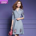 Elbow-sleeve Embroidery A-line Dress