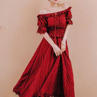 Off-shoulder Short-sleeve Lace-trim Maxi Dress