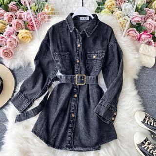 Belted Long-sleeve Denim Midi Dress