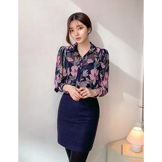 Dali Hotel Puff-shoulder Floral Chiffon Blouse