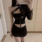 Long-sleeve One-shoulder Shrug / Strapless Top / Mini Pencil Skort / Set