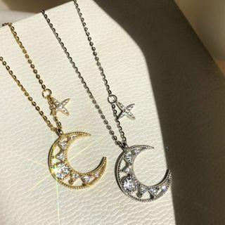 Moon & Star Rhinestone Pendant 925 Sterling Silver Necklace