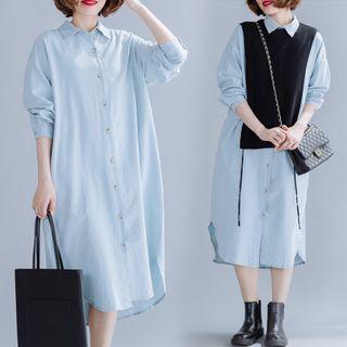Long-sleeve Midi Shirtdress / Side-slit Sweater Vest