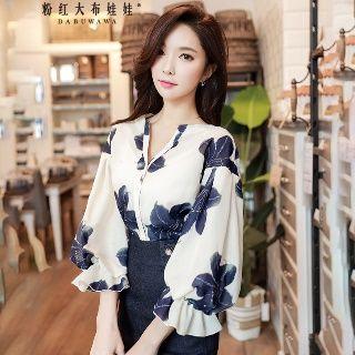 3/4-sleeve Flower Print Shirt