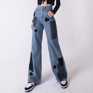 High-waist Heart Print Patch-work Wide-leg Jeans
