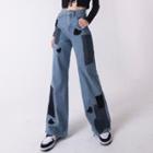 High-waist Heart Print Patch-work Wide-leg Jeans