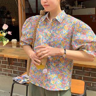 Puff-sleeve Floral Print Blouse Floral - Pink & Yellow - One Size