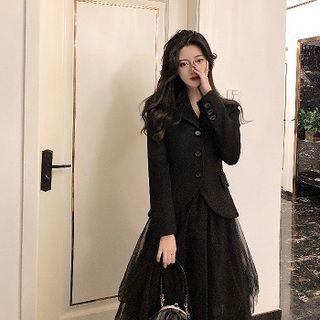 Plain V-neck Single-breasted Long-sleeve Blazer / Plain High-waist Mesh Skirt