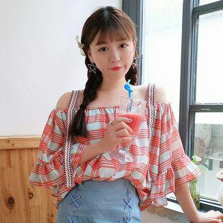 Open Shoulder Plaid Elbow-sleeve Chiffon Top