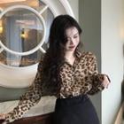 Long-sleeve Drawstring Animal Printed Blouse Leopard - One Size