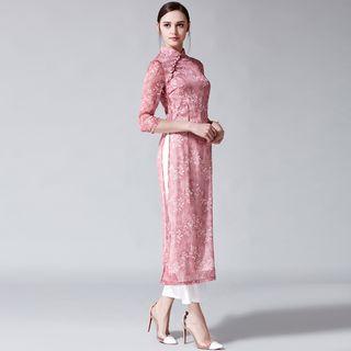 Set: Printed 3/4-sleeve Cheongsam + Wide Leg Pants