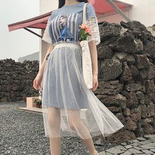 Set: Short-sleeve Printed Long T-shirt + Midi Sheer Skirt