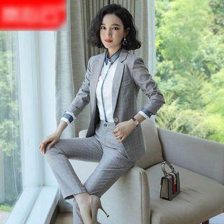 Chiffon Blouse / Plaid Blazer / Dress Pants / Pencil Skirt / Set