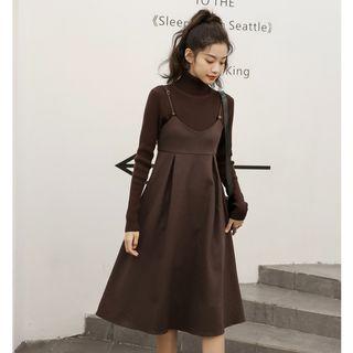 Set : Suspender Skirt + Plain High-neck Knit