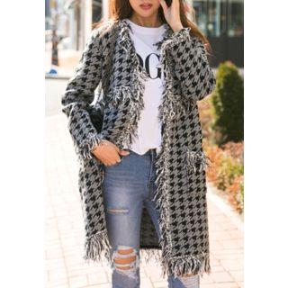 Open-front Fringed-trim Houndtooth Long Cardigan