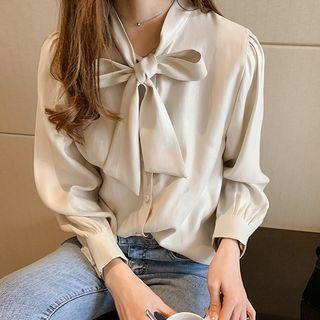 Tie-neck Plain Satin Blouse