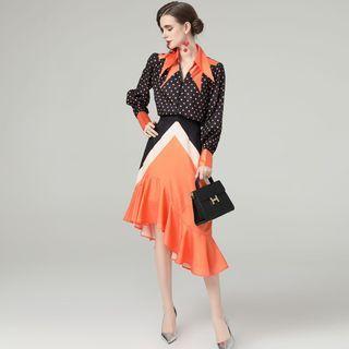 Set: Dotted Shirt + Color Block Ruffle Hem Asymmetrical A-line Skirt