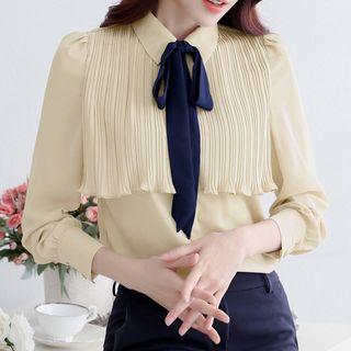 Pleated Trim Tie Neck Shirt