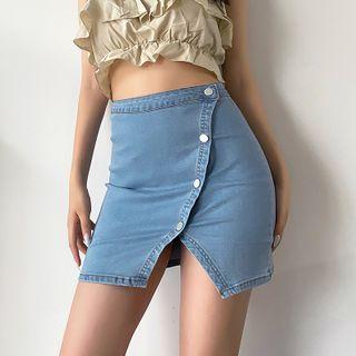 Asymmetric Button-down Denim Mini Skirt