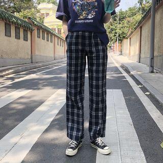 Check Loose-fit Pants Navy Blue - One Size