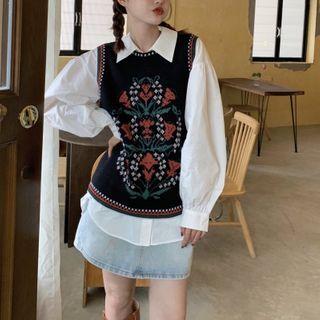 Floral Jacquard Sweater Vest Red Flowers - Black - One Size