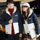 Couple Matching Color Panel Hooded Padded Coat