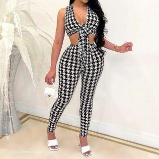 Set: Printed Halter-neck Cropped Top + High-waist Pants