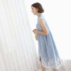 Sleeveless Lace-hem Denim Dress Light Blue - One Size