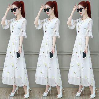 Elbow-sleeve Floral Embroidered Chiffon A-line Maxi Dress