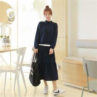 Set: Kangaroo-pocket Hoodie + Long Tiered Skirt