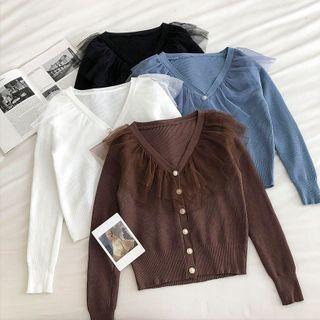 Plain V-neck Panel Mesh Long-sleeve Cardigan