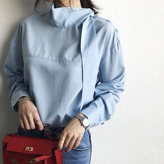 Beribboned Stand-collar Button-shoulder Shirt