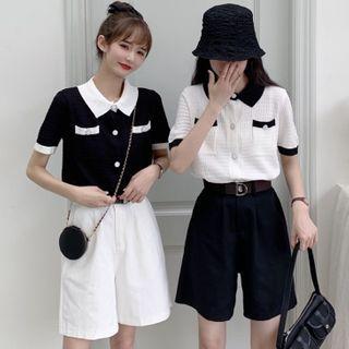Short-sleeve Buttoned Contrast Trim Knit Top / Wide-leg Shorts
