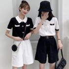 Short-sleeve Buttoned Contrast Trim Knit Top / Wide-leg Shorts